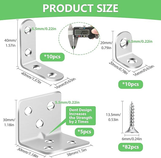 25Pcs Silver L Brackets for Shelves, 3 Sizes Angle Corner Braces Metal L Bracket Heavy Duty for Wood, Sturdy and Rustproof for Repairing Furniture with 82Pcs Screws Mounting Bracket Easily
