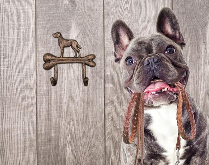 Dog Leash Holder, Cast Iron, Antique Bronze, 2 Hooks, Wall Mount, 6.9x6.9x1.8 inches, AR001