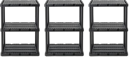 Gracious Living 3 Pack Light Duty Storage Shelves, Knect-A-Shelf 3-Shelf Ventilated Shelving Rack Organizer for Home, Garage, Basement, Laundry, Black