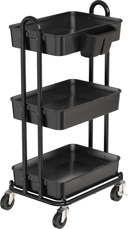 Simple Houseware 3-Tier Multifunctional Rolling Utility Cart with Hanging Bucket, Black