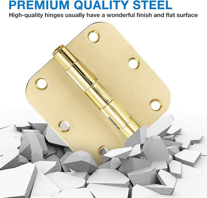 12 Pack Interior Door Hinges 3.5 inch X 3-1/2" 5/8 Radius, Polished Brass 3 ½" Gold Round Standard Hinge for Bedroom Doors DIY Assembly Bi-fold Table Hardware Home Accessories House Eseentials