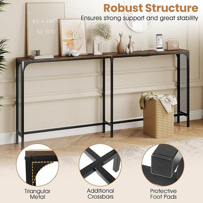 Giantex 71" Narrow Console Table with 2 Power Outlets and USB-C Ports, Sofa Tables with Charging Station & Metal Frame, Skinny Behind Couch Tables, Long Entrway Tables for Living Room, Rustic Brown