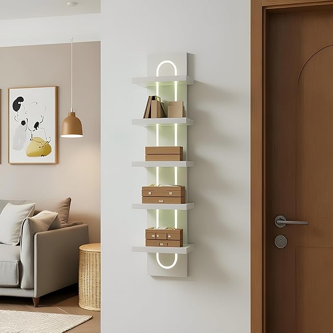5 Tier Wall Shelf Unit with Light-Small Floating Shelves for Home Decor, Modern Unique Asymmetric Design for Bedroom & Living Room Storage