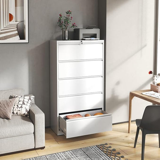 5 Drawer Lateral File Cabinet with Lock, Metal Lateral Filing Cabinet for Home Office, Steel Wide Horizontal Filing Cabinets for Letter/Legal/A4/F4 Hanging Files (White)