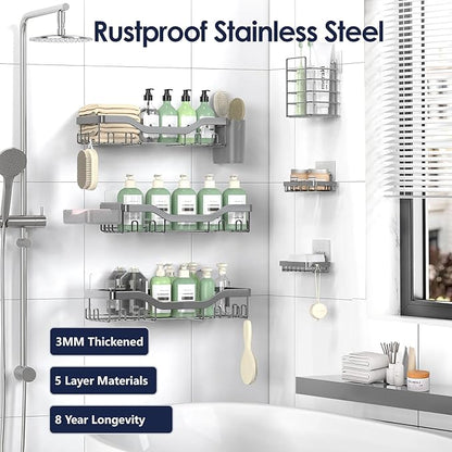 Shower Caddy Adhesive Shower Organizer 8-Pack, Rustproof Stainless Steel Bathroom Shelves, Large Capacity No-Drill Rack Storage Accessories with Soap Dish Toothbrush Holder Hooks