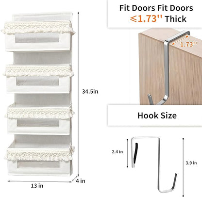 Aokeyee 4 Tier Over The Door Organizer Storage Nursery, Boho Door Organizer Hanging with Tassels and Clear Window, 55lb Behind The Door Storage for Baby Nursery, Bedroom, Bathroom, Laundry, Pantry