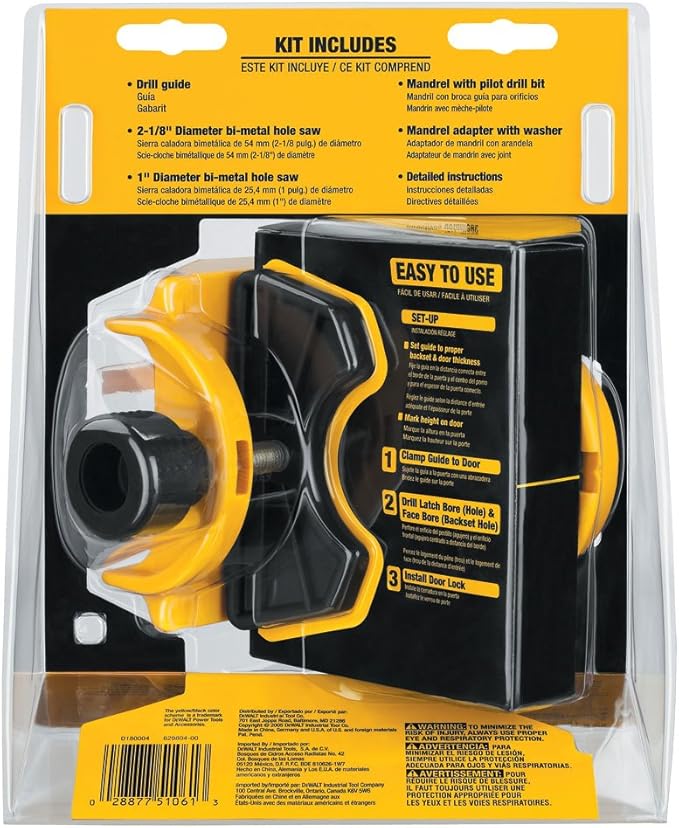 DEWALT Door Lock Installation Kit, C Clamp Design Hole Saw Kit For Metal or Wood Doors, 2 Adjustable Bushings, Easy Installation, Height Alignment (D180004)