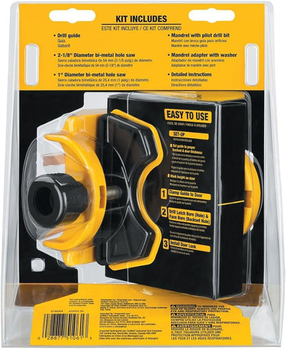 DEWALT Door Lock Installation Kit, C Clamp Design Hole Saw Kit For Metal or Wood Doors, 2 Adjustable Bushings, Easy Installation, Height Alignment (D180004)