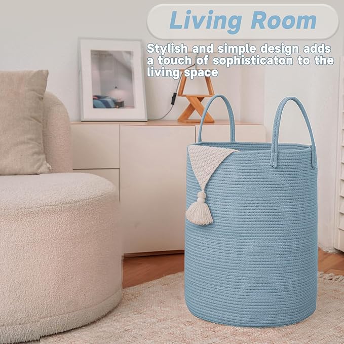 Large Woven Laundry Basket Hamper,80L Cotton Rope Storage Bin for Blankets,Toys and Clothes,Decorative Tall Nursery Hamper for Living Room,Baby Nursery,Bathroom and Bedroom,Blue