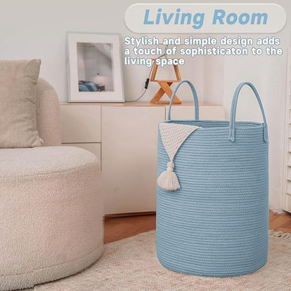 Large Woven Laundry Basket Hamper,100L Cotton Rope Storage Bin for Blankets,Toys and Clothes,Decorative Tall Nursery Hamper for Living Room,Baby Nursery,Bathroom and Bedroom,Blue