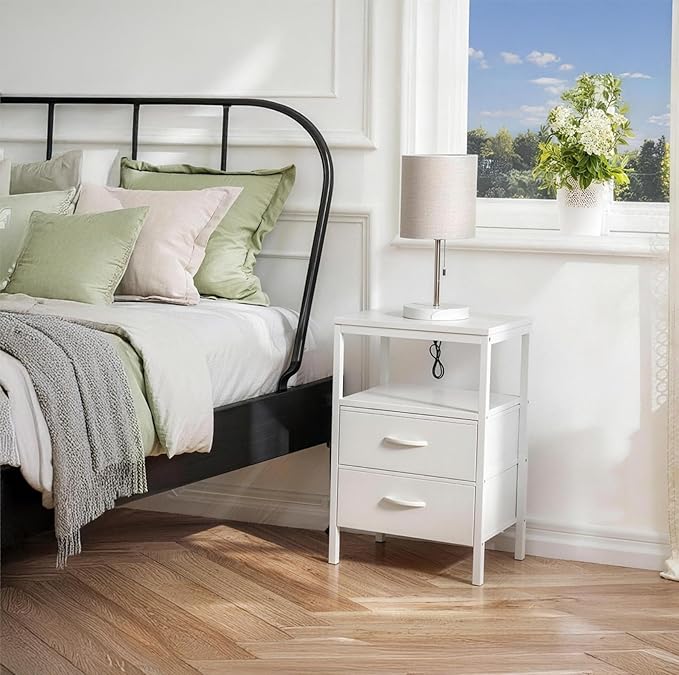 Huuger Nightstands Set of 2, End Tables with Charging Station, Side Tables with Fabric Drawers, Bedside Tables with USB Ports and Outlets, Night Stands, PU Leather, White
