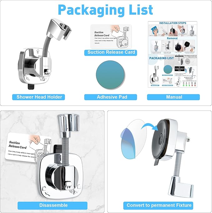 Handheld Shower Head Holder Suction, 360° Adjustable Shower Head Holder Wall Mounted, Rustproof Showerhead Hose Holders Hanger Bracket for Bathroom, No Drill Tool-Free Installation in Seconds