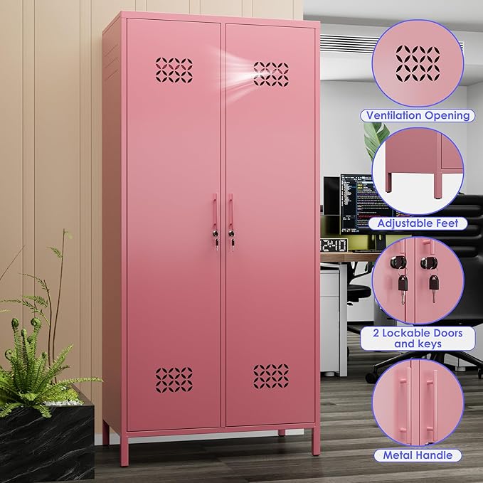 Aobab Metal Wardrobe Closet with 2 Doors, 19" Deep Metal Wardrobe Cabinet with 4 Adjustable Shelves and 2 Hannging Rods, Storage Locker for Home, Pink, Assembly Required