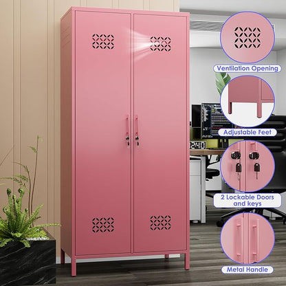 Aobab Metal Wardrobe Closet with 2 Doors, 19" Deep Metal Wardrobe Cabinet with 4 Adjustable Shelves and 2 Hannging Rods, Storage Locker for Home, Pink, Assembly Required