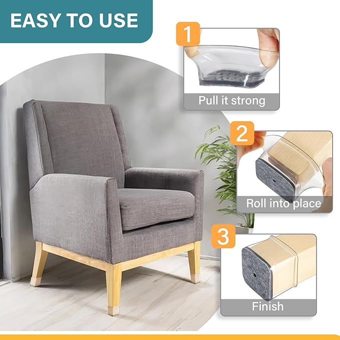 Ansible 24 Pcs Chair Leg Floor Protectors Square, Silicone Felt Furniture Leg Pads Caps Covers for Hardwood Floors (Fit:3/4" to 1-1/16")