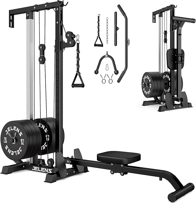 RC01 Foldable LAT Pulldown Machine with Adjustable seat, Wall Mount Cable Station with 16 Adjustable Positions, Cable Machine Home Gym 2 in 1, Functional Trainer with Rowing and LAT Pulldown