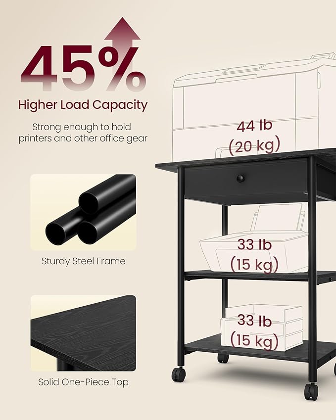 VASAGLE Printer Stand, Rolling Printer Cart, Under Desk Table, Mobile with Lockable Wheels, Steel Frame, for Home Office, 2 Storage Shelves Removable Drawer, 3-Tier, Ebony Black UOPS007BE01S