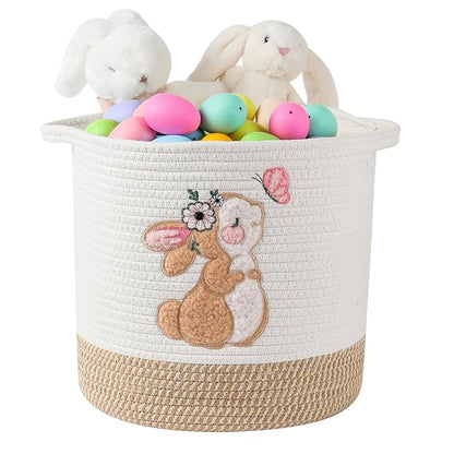INough Easter Basket for Kids, Small Easter Basket for Toddler Spring Gift Basket Bunny Baskets, Toy Storage Baskets Woven Cotton Rope Storage Bins Toys Organizer Clothes Hamper (Medium, Bunny)
