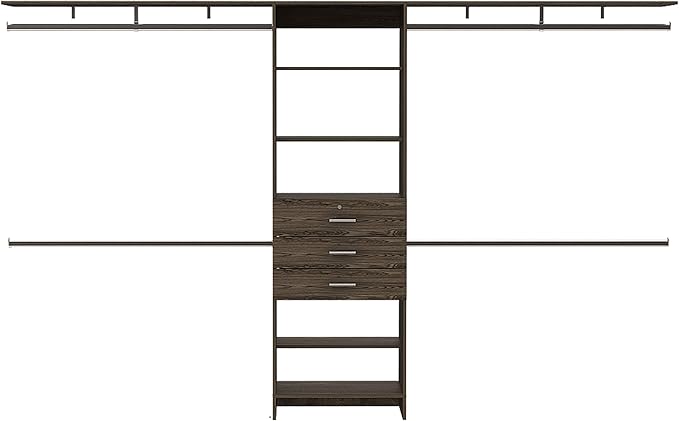 DEPOT E-SHOP Zamora 69"W - 118"W Closet System with Four Hanging Rods, Three Drawers, and Five Shelves, Dark Walnut, Bedroom