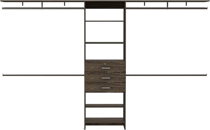 DEPOT E-SHOP Zamora 69"W - 118"W Closet System with Four Hanging Rods, Three Drawers, and Five Shelves, Dark Walnut, Bedroom
