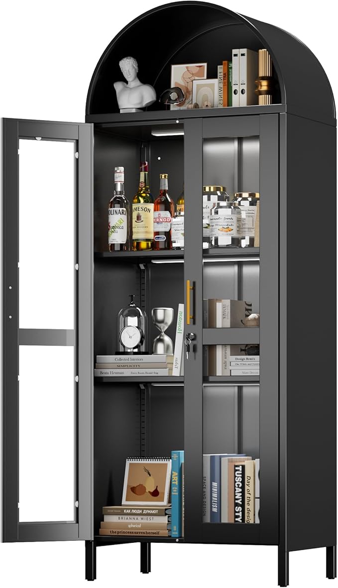 72.83'' H Metal Arched Cabinet with Glass Door,Arched Display Cabinet with LED Strip,Lockable Door and 2 Adjustable Shelves for Home Office,Assembly Required, Black