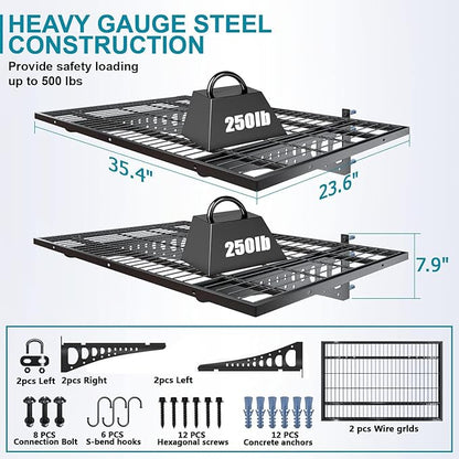 2-Pack 2×3ft(24×36 inch) Garage Wall Shelving, 500 lbs Load Capacity, Garage Wall Mounted Shelves, Heavy Duty Shelf with Hooks, Blac