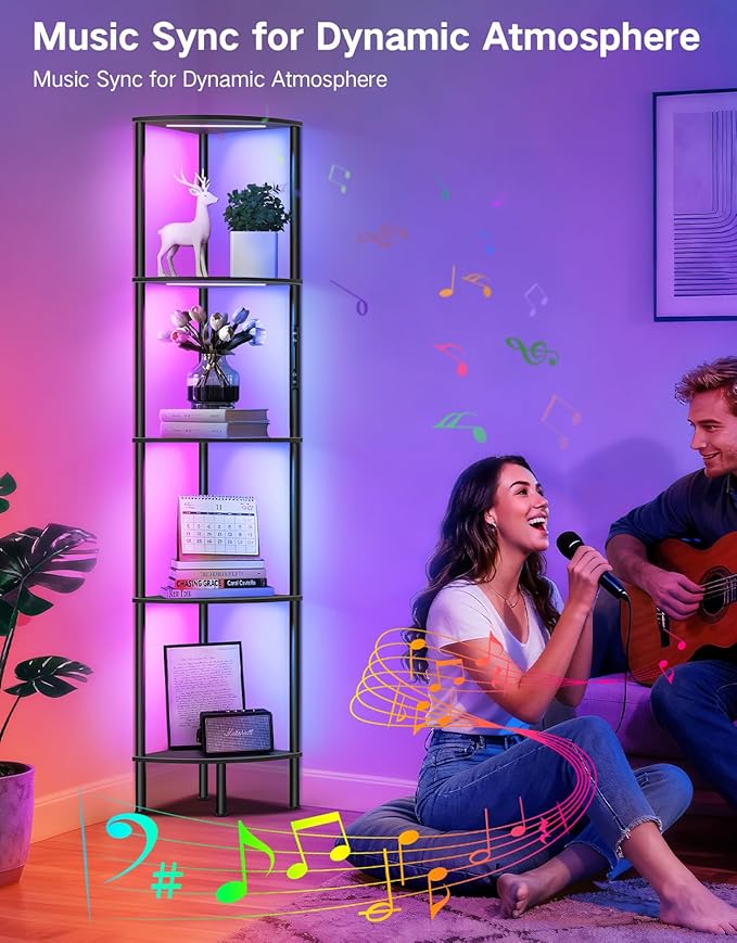 5 Tier Corner Shelf with RGB Lights, Touch & APP & Remote Control, Dimmable Narrow Corner Bookshelf with Music Sync, Display Shelf with Multiple Color Lights for Living Room, Bedroom(Black)