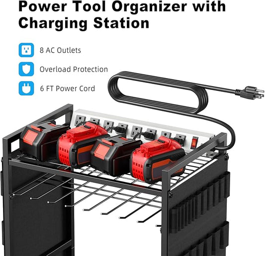 JUNNUJ Large Power Tool Organizer Cart with Charging Station, Garage Floor Standing Rolling Drill and Tools Battery Storage Cart on Wheels, Heavy Duty Rack Shelf with 8 Outlet 10 FT Power Strip, Black