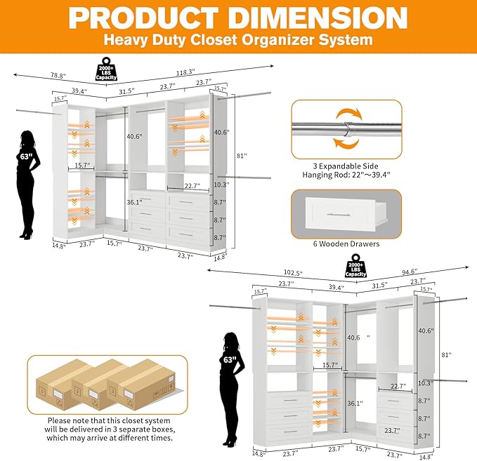 Closet System with 3 Sets, 6.5-16FT Corner Closet Organizer System with 6 Drawers & 11 Shelves & 6 Hanging Rods, Custom L-Shaped Modular Walk-in Closet Organizers and Storage System Corner, White