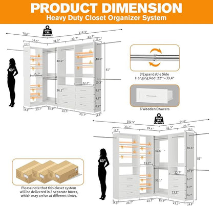 Closet System with 3 Sets, 6.5-16FT Corner Closet Organizer System with 6 Drawers & 11 Shelves & 6 Hanging Rods, Custom L-Shaped Modular Walk-in Closet Organizers and Storage System Corner, White