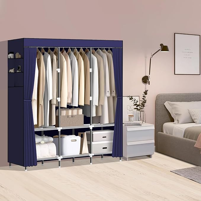 LOKEME Wardrobe Closet,Portable Closet for Bedroom Steel Pipe Diameter 19mm Strong and Sturdy Navy Blue Portable Closets for Hanging Clothes with 3 Hanging rods, 6 Storage Shelves and Side Pocket