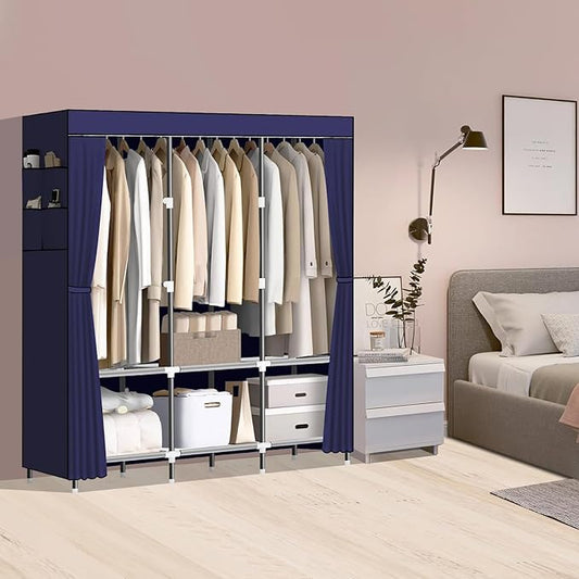 LOKEME Wardrobe Closet,Portable Closet for Bedroom Steel Pipe Diameter 19mm Strong and Sturdy Navy Blue Portable Closets for Hanging Clothes with 3 Hanging rods, 6 Storage Shelves and Side Pocket