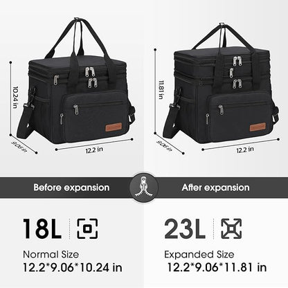 Maelstrom Lunch Box, 23L Insulated Lunch Bag, Expandable Double Deck Cooler Bag, Lightweight Leakproof Tote Bag With Side Tissue Pocket, Suit For Men and Women, Black