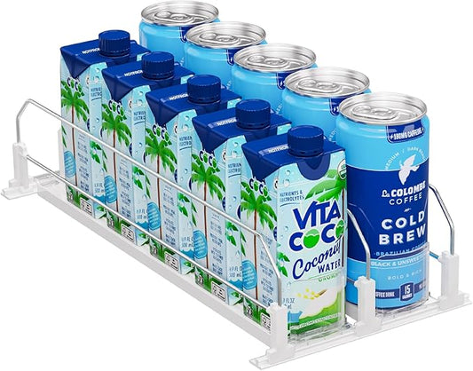Puricon Drink Organizer for Fridge Pusher Glide, Spring Loaded Fridge Drink Dispenser, Self Pushing Soda Can Organizer for Refrigerator, Beer Bottle Beverage Organizer Drink Holder -2 Rows, White