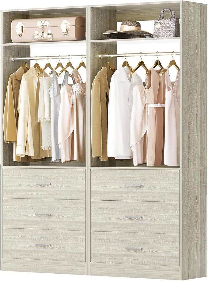 Closet System Set of 2, 4FT Closet Systems with 6 Wood Drawers, 48" Closet Organizer System with 2 Hanging Rods & 2 Shelves, Heavy Duty 48 Inch Walk-in Closet, White Oak (48"L x 15" W x 80" H)