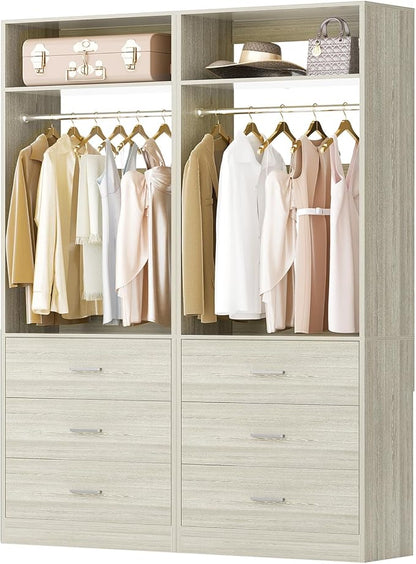 Closet System Set of 2, 4FT Closet Systems with 6 Wood Drawers, 48" Closet Organizer System with 2 Hanging Rods & 2 Shelves, Heavy Duty 48 Inch Walk-in Closet, White Oak (48"L x 15" W x 80" H)