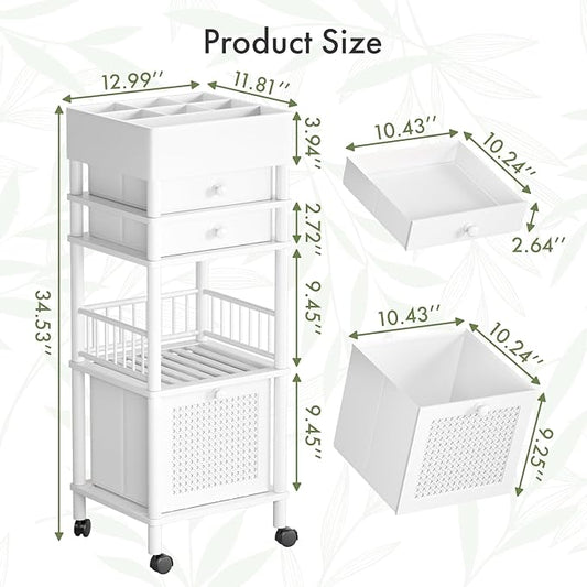 Amazer Bamboo Makeup Organizer Cart with 3 Drawers, Floor Skin Care Storage for Bathroom Bedroom, Rolling Vanity Organizer Cart for Cosmetic, Nail Polish, Perfume and Hair Tools, White