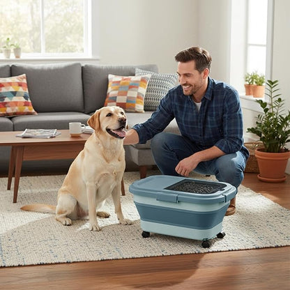 15 Lbs Dog/Cat Food Storage Container,Collapsible Food Storage Containers with Rolling Wheel Airtight Locking Lid,Pet Food Storage Container with Cup and Scoop,Blue