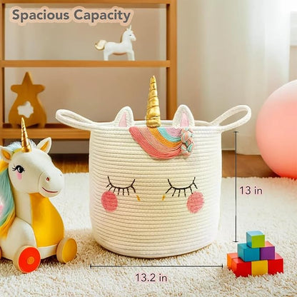 Large Unicorn Woven Basket with Handles - Toy Storage Bin, Baby Gift & Animal Nursery & Cute Laundry Basket, for Clothes, Towels, Toys (Unicorn)