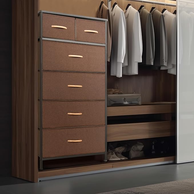 Mifuro Tall Dresser for Bedroom, Vertical Storage Organizer Tower with 6 Drawers, Chest of Drawers with Fabric Bins, Steel Frame, Wood Top for Bedroom, Closet, Entryway- Brown