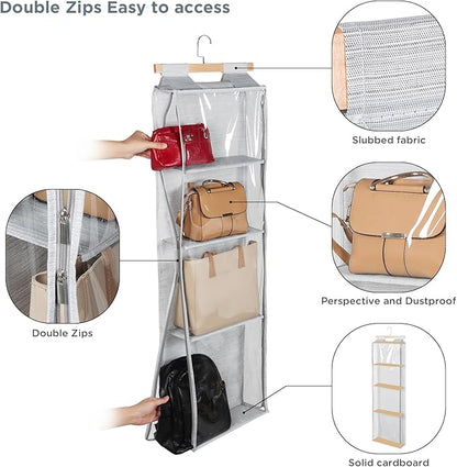 Syeeiex Hanging Handbag Purse Organizer with Zippers, Clear Slubbed Fabric+PVC Hanging Closet Bag Organizer, 4 Mesh Shelves,Dustproof Handbag Closet Tote Storage Bag for Door, Wardrobe, Shelf Rack