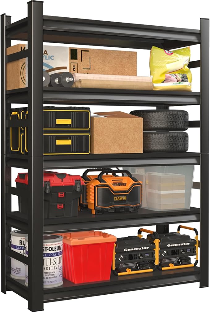 Garage Storage Shelves, 72" H Storage Shelves, Adjustable Steel Storage Rack, 5 Tier Shelving Unit, Black, Garage, Basement, Kitchen, Living Room Storage, 72" Hx35.4 Wx15.8 D