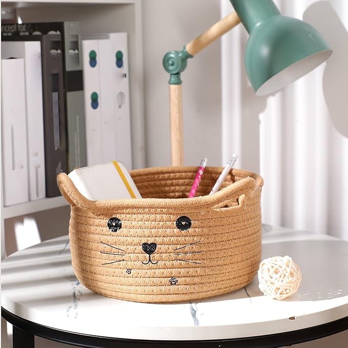 Zopeal Cat Basket Storage Woven Organizer with Ears Easter Decorative Gift Pet Toy Cute Cotton Rope Basket for Gift Cat Dog Toy Bin Nursery Room(8.3 x 4.7 Inch,Khaki)
