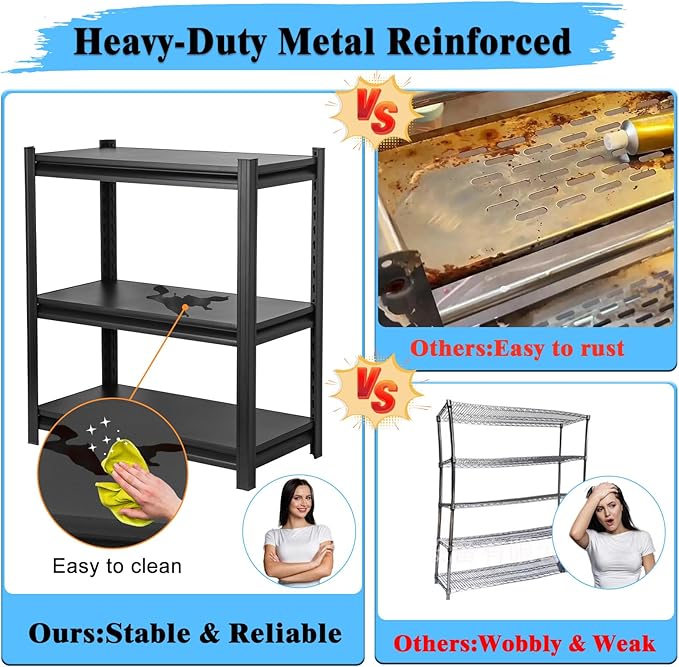Storage Shelves 3 Tier Adjustable Garage Shelving Heavy Duty 31.5" W x 15.7" D x 31.5" H Metal Shelving Unit for Garage Shelves, Utility Rack Shelf, Storage Warehouse Pantry Closet, Black
