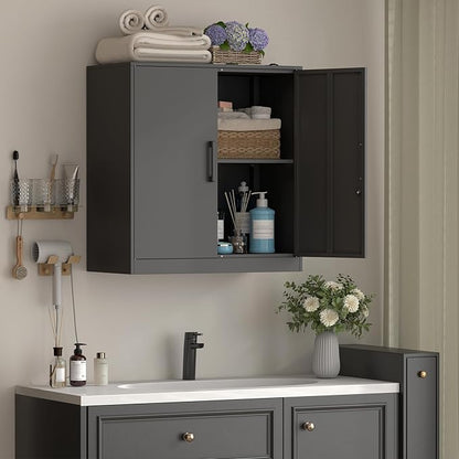 Metal Wall Cabinet,Garage Wall Cabinet with Handle,Lockable Storage Cabinets Wall Mounted with 2 Doors,Locking Cabinet with Shelves for Basement,Living Home,Black