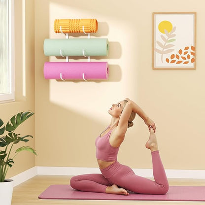 Yoga Mat Holder Wall Mount, 3-Tier Storage Rack for Yoga Mat, Foam Roller, Block, Yoga Accessories, Wall Organizer for Home Gym, Gym, Workout Room, Metal, White