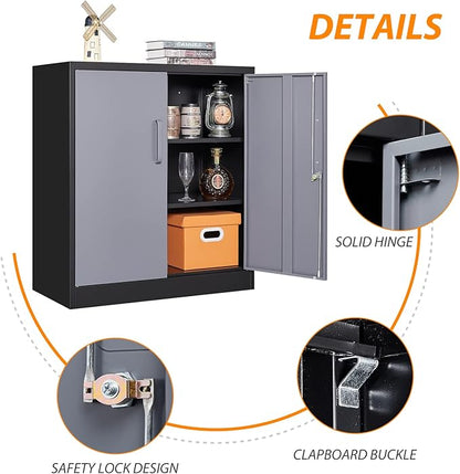 Metal Storage Cabinet, Storage Cabinet with 2 Doors and Shelves, Metal Cabinet with Lock, Small Lockable Cabinet for Home Office (Black Grey)