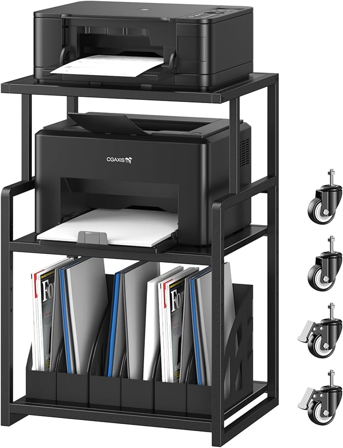 Printer Stand, 3 Tier Mobile Printer Table for Home Office, 21.3 x 15.7 Inch Rolling Height Adjustable Storage Shelf, Printer Cart with Wheels for Heat Press Scanner Fax, Black
