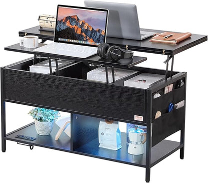 VEVOR 4-in-1 Lift Top Coffee Table, Multi-Function Convertible Coffee Table with Storage and Hidden Compartment, Farmhouse Center Table with Power Outlet & USB & LED Light for Living Room, Home Office