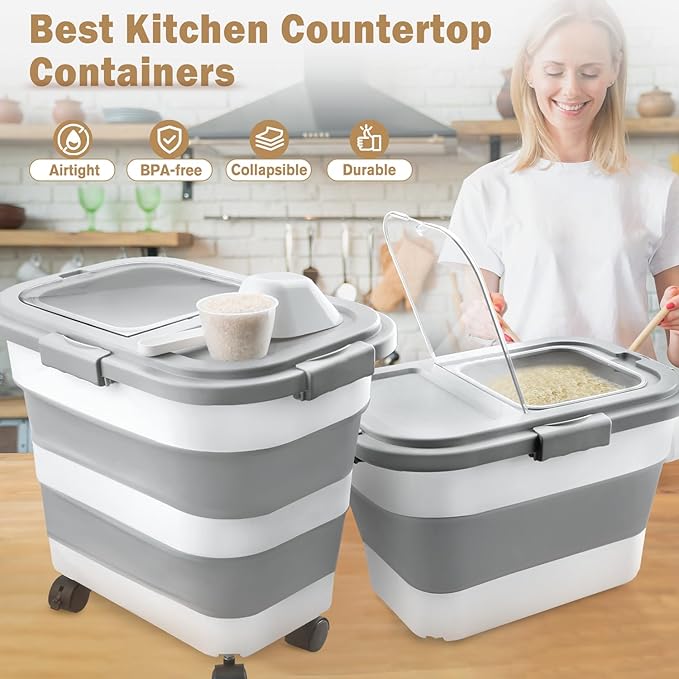 Rice Storage Container, Collapsible Airtight 10-40 Lb Rice Storage Container, Pet Dog Food Storage Container 25lb, Rice Dispenser Bin with Cup and Scoop for Flour Cereal Pasta Grain, Cat Bird